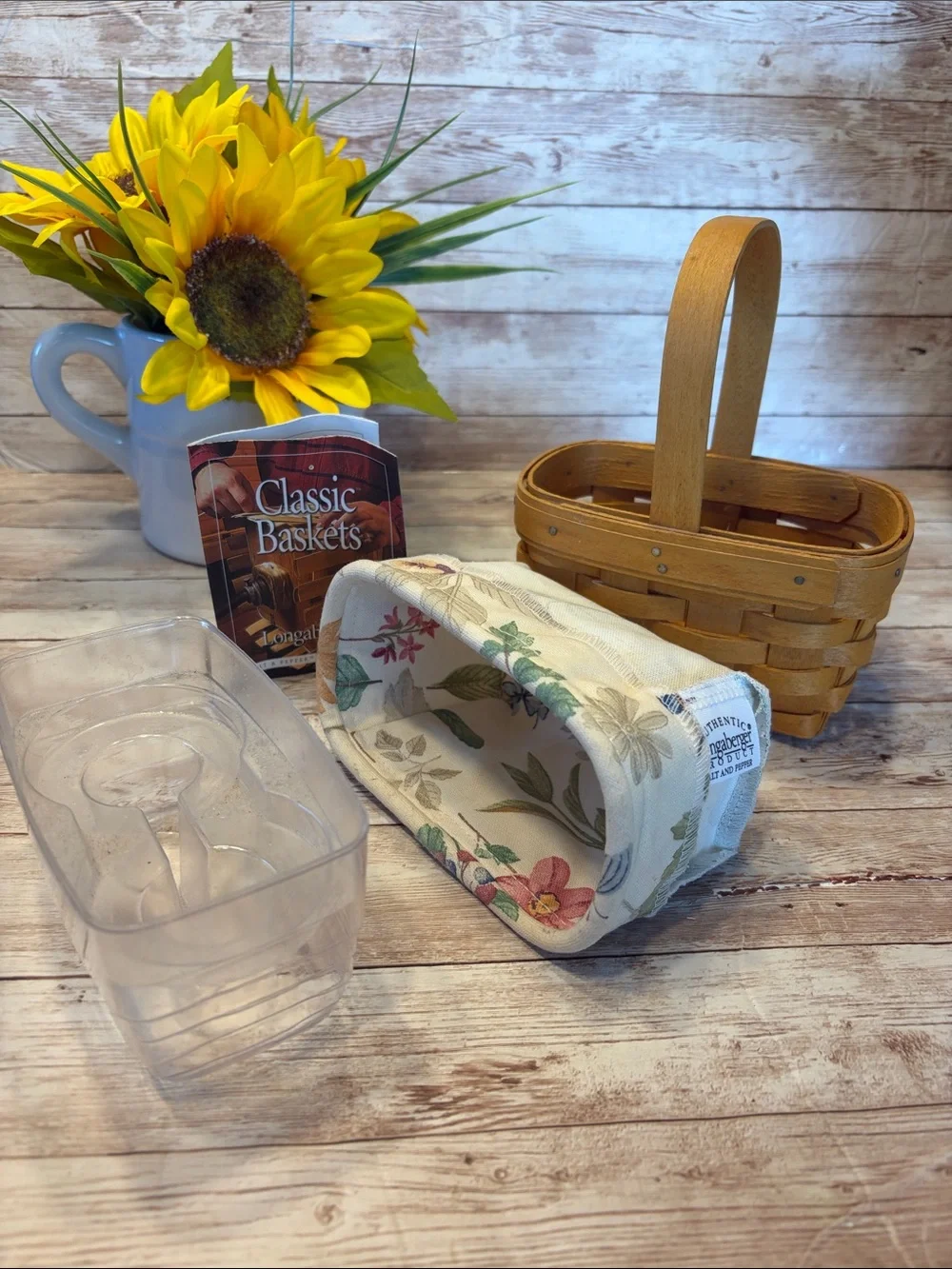 Longaberger Salt Pepper Basket 12044  with Floral Liner & Plastic Protector